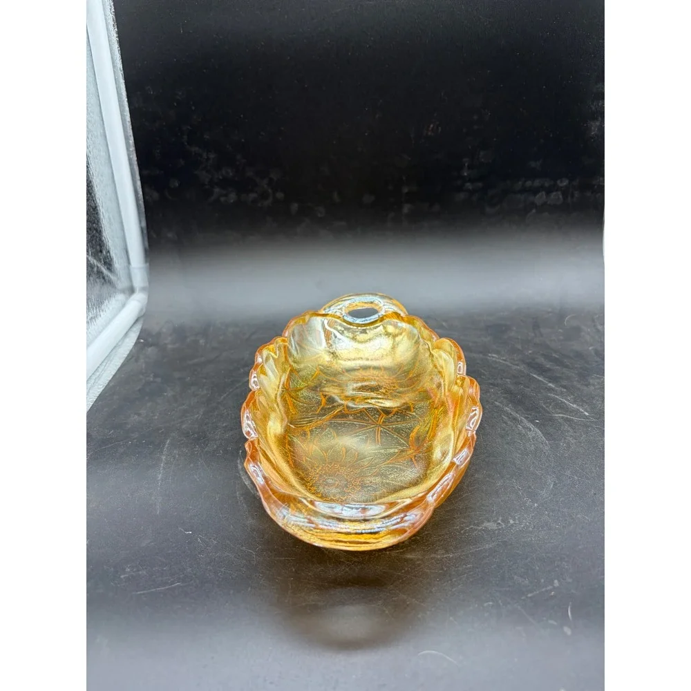 Vintage Marigold Carnival Glass Sunflower Relish Dish Iridescent Amber Bowl‎